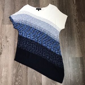 St. John asymmetrical short-sleeve sweater blue and white ombre knit pattern.